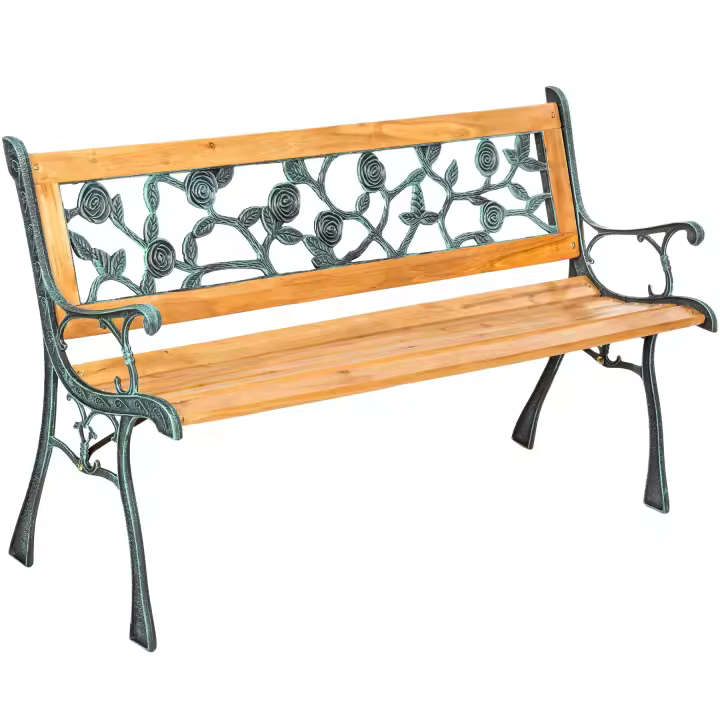 Tectake - Banco para jardín para 2 personas, Hecho de madera y hierro fundido, Estable y robusto, Con capacidad de carga de 250 kg, Resistente y de fácil montaje, Madera natural lacada - 1