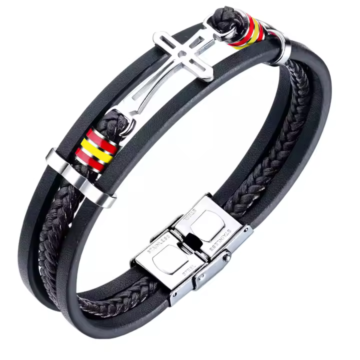 Pulsera Cruz Bandera de España de Cuero y Acero Inoxidable con Cierre de Seguridad Ajustable para Hombre y Mujer - 1