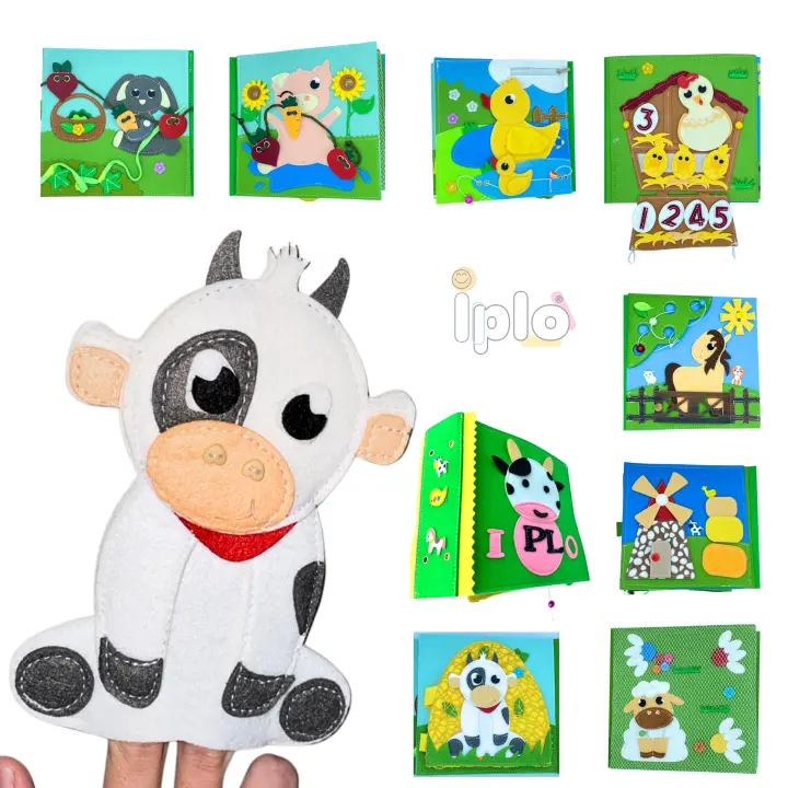 IPLO® Libro Sensorial Montessori Granja 10 páginas  con marioneta de dedo (vaquita LOLA )  , Juguetes Montessori,. Busy Book. Quiet Book Montessori, Libros Interactivos Montessori,Regalo niño y Regalo niña. Juego Educativo Animales - 1