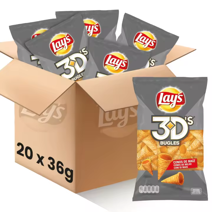 Lay's 3D's - Snack Crujiente con Sabor a Bacon y Queso, Pack de 20 Bolsas del Delicioso e Irresistible Aperitivo de Conos de Maíz Fritos, Total: 20 x 36g = 720 g - 1