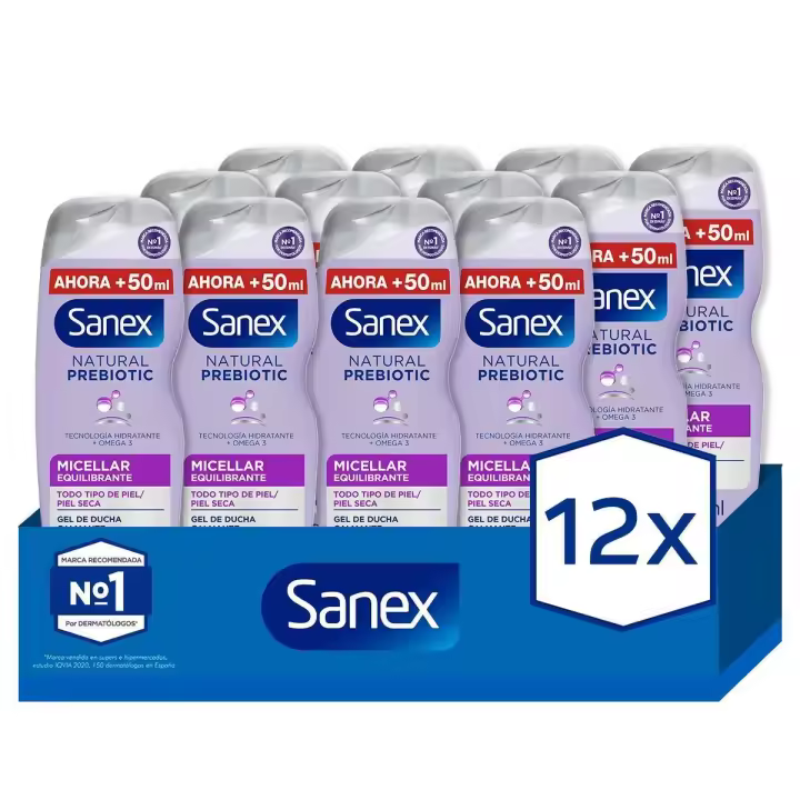 Gel de ducha o baño Sanex BiomeProtect Micellar sin jabón 550 ml + 50 ml. Pack 12 - 1