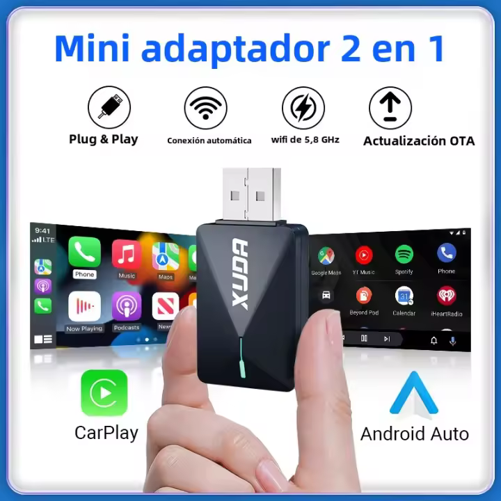 Adaptador 2en1 Mini De Cable a Inalámbrico CarPlay Y Android Auto XUDA Nuevo Fashionable Y Portátil Con 5GHz WiFi5 Plug And Play - 1