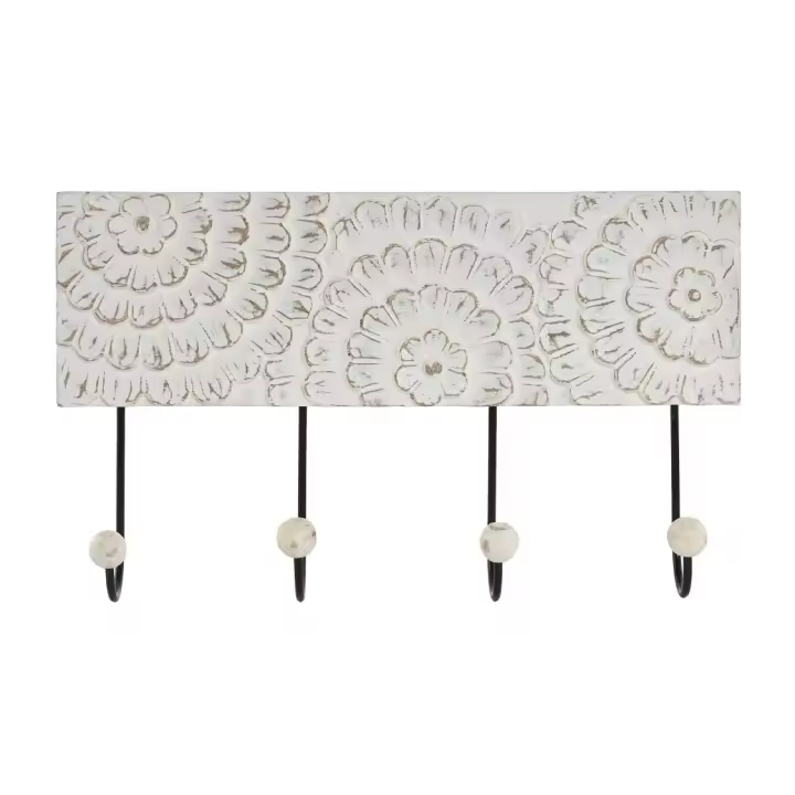Dcasa Perchero de pared mango tallado a mano flor 4 colgadores metal - 1