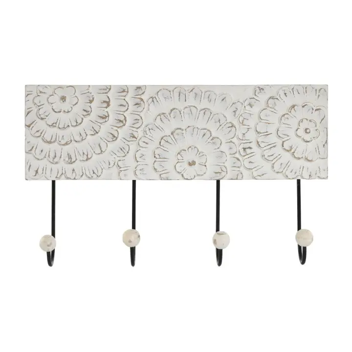 Dcasa Perchero de pared mango tallado a mano flor 4 colgadores metal - 1