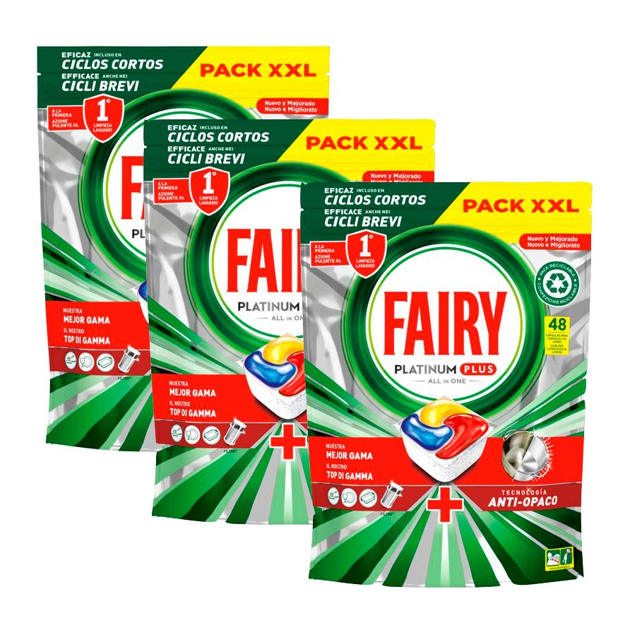 Fairy | Pack Platinum Plus Limon 48x3 limpian a la primera y son efectivas incluso en grasa reseca, para conseguir unos platos relucientes.