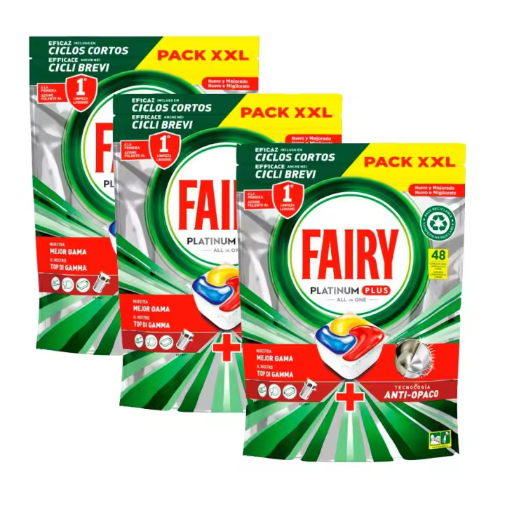 Fairy | Pack Platinum Plus Limon 48x3 limpian a la primera y son efectivas incluso en grasa reseca, para conseguir unos platos relucientes. - 1
