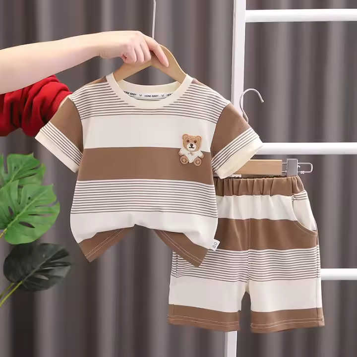 Ropa De Verano Para Bebés Niñas Y Niños Conjunto De 2 Piezas Camiseta Y Shorts Estampado Rayado Casual Unisex Talla Pequeña - 1