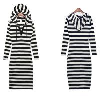 Suéter De Pecho Abierto Para Mujer Con Capucha Estampado De Rayas Manga Larga Vestido Casual De Otoño Longitud Media Pierna Suéter De Poliéster - details 5