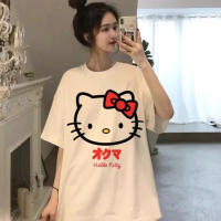Camiseta De Algodón Kawaii Hello Kitty Para Niños Y Mujeres Estilo Y2K Coreano Manga Corta Cuello Redondo Oversized Para El Verano Moda Para Parejas - details 4