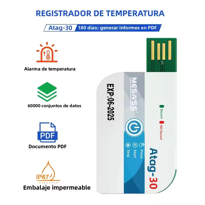 Logger De Temperatura Desechable 180 Días Con USB Y Reporte PDF Alarma De Temperatura Para Transporte Frío Indicador LED Rojo Y Verde - 1
