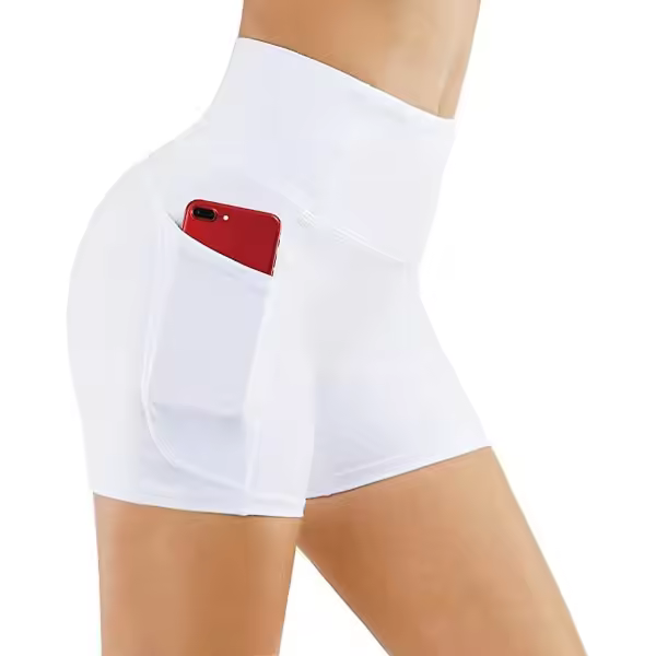 Yoga shorts, women's shorts, side pockets with phone pocket, high waist, yoga fitness, workout pants, bottom, white (S) - 1