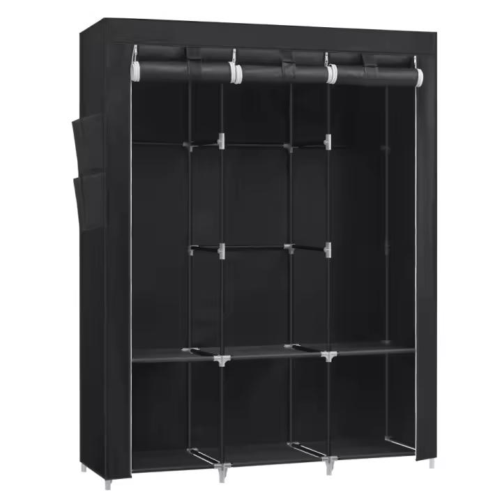 SONGMICS Armario de Ropa, Armario de Tela Portátil, con 3 Barras para Colgar, Estantes, 4 Bolsillos Laterales, 45 x 130 x 167 cm, Espacioso para Dormitorio, Salón, Gris/Negro - 1