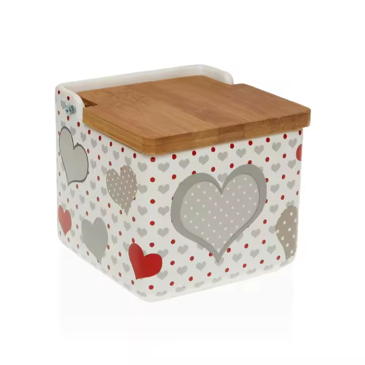 Salero Cerámica Blanco Avalon Corazones Grises Rojos y Tapa de Bambú, Vintage (12x12x11cm) - 1