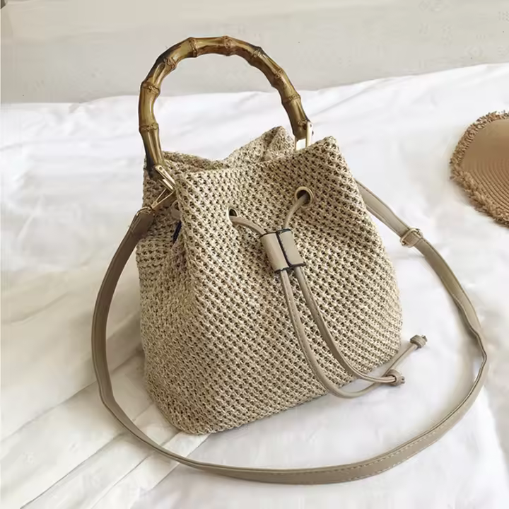 Bolso de paja con Cordón para Mujer, Tejida a mano bandolera de hombro, Monedero de Bolsos de Playa, Verano - 1