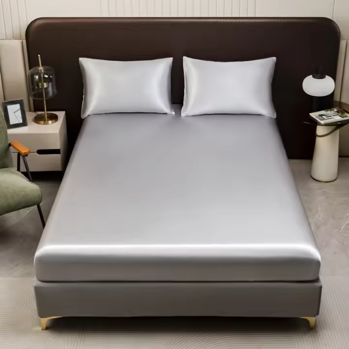Sábana De Seda Helada En Color Sólido Talla Twin Full Queen Con Banda Elástica Sábana De Cama Natural Sin Funda De Almohada 100% Poliéster 400TC - 1