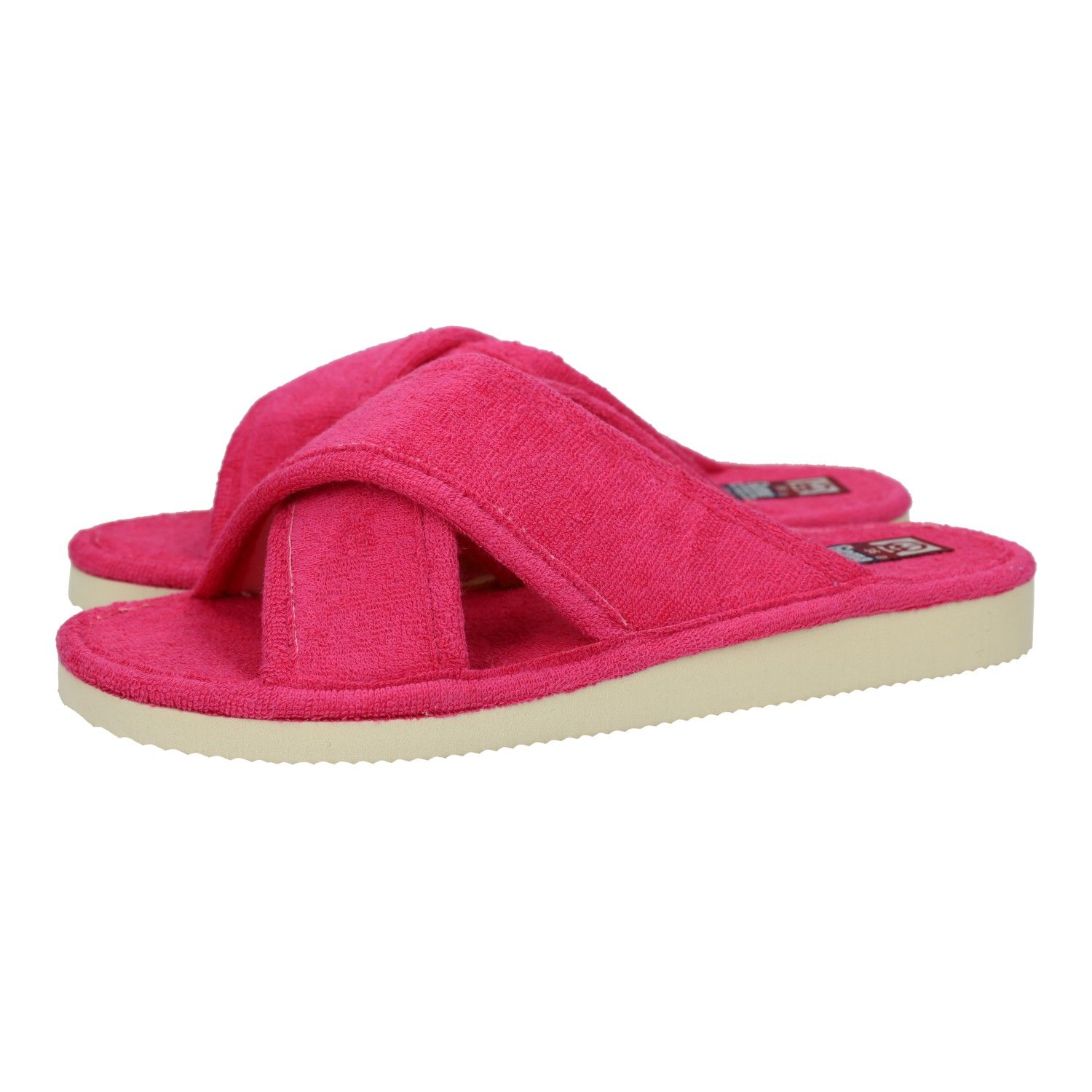 Zapatillas Casa marca GEMA GARCIA para mujer en color fuxia. Chinelas de verano para mujer, zapatillas de casa de tiras cruzadas, chinelas de toalla fucsia, hechas en España