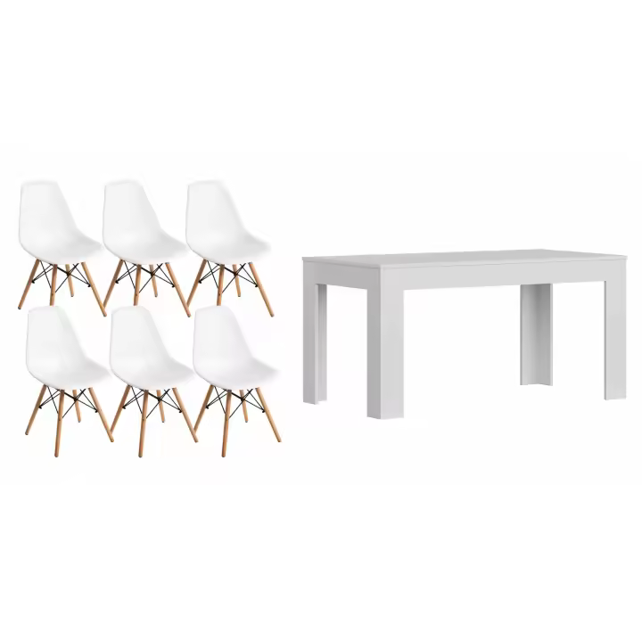 Mesa Extensible de Comedor o Cocina Blanco + 6 Sillas Estilo Nordico Blanco - 1