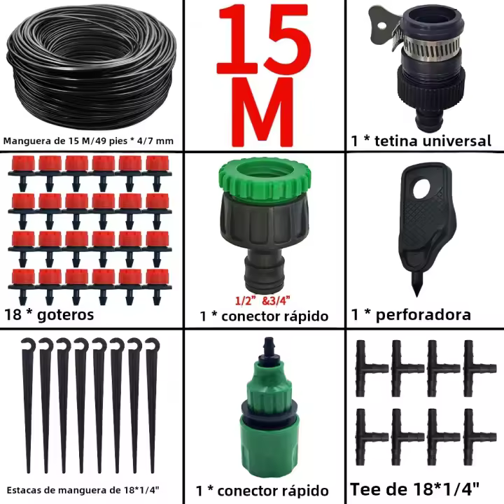 Kit De Riego Por Aspersión Micro 15M-25M Para Jardín Y Estufa Con Sistemas De Riego Automático Y Regulador Ajustable 4/7'' Material Plástico - 1