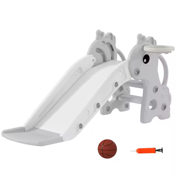 AIYAPLAY Tobogán Infantil 3 en 1 Tobogán para Niños de 1 a 3 Años con Escalera Canasta de Baloncesto y Diseño de Jirafa para Interior 106x51,5x52 cm Gris - 1