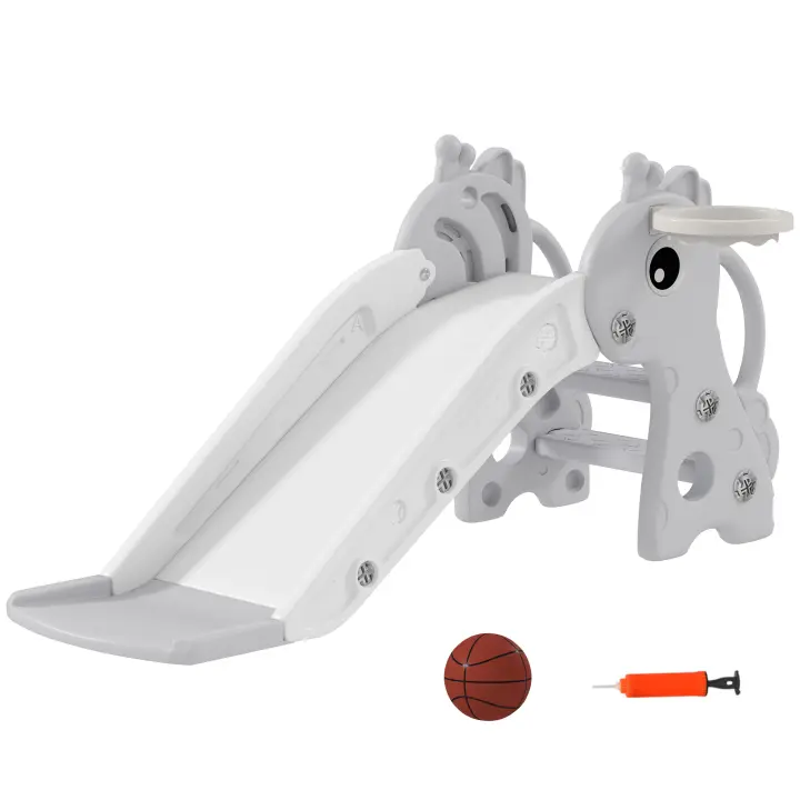 AIYAPLAY Tobogán Infantil 3 en 1 Tobogán para Niños de 1 a 3 Años con Escalera Canasta de Baloncesto y Diseño de Jirafa para Interior 106x51,5x52 cm Gris - 1