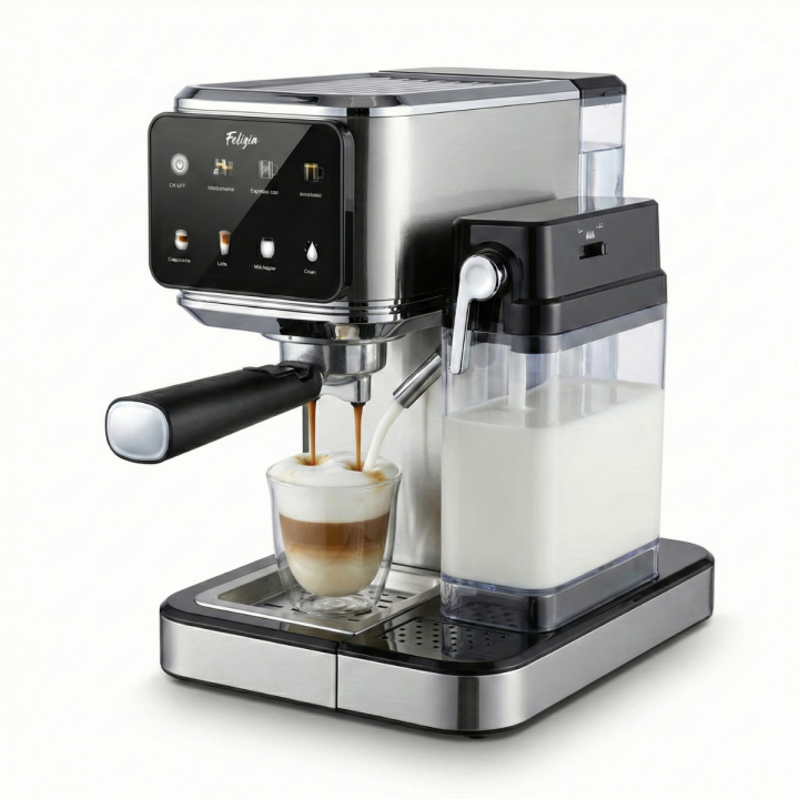 Felizia Latte - Cafetera Espresso Semiautomática 20 Bares con Depósito de Leche (1L) y Pantalla Táctil. Máquina de Café 1350W Thermoblock. Automática para Cappuccino, Latte y Café Frío. Acero Inox.