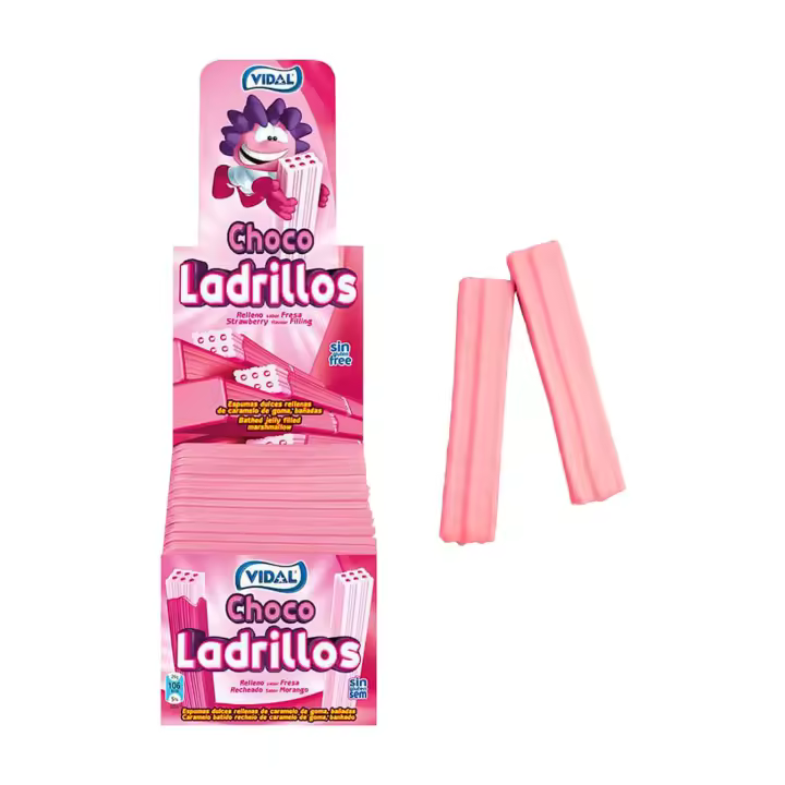 Chocoladrillos Fresa Vidal estuche 855 g - Marshmallow en forma de ladrillos extra grandes. Combina la suavidad de las nubes con la intensidad del relleno sabor a fresa y la cobertura crujiente - Sin gluten - 1