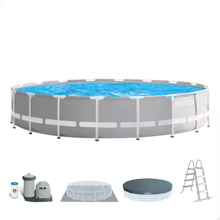 INTEX - Piscina desmontable redonda Prism Frame de hasta 6 metros de diámetro, incluye depuradora, tapiz, cobertor y escalera, color gris, resistente y duradera, +6 años, 45-60 min. montaje, piscinas desmontables grandes, piscinas familiares - 1