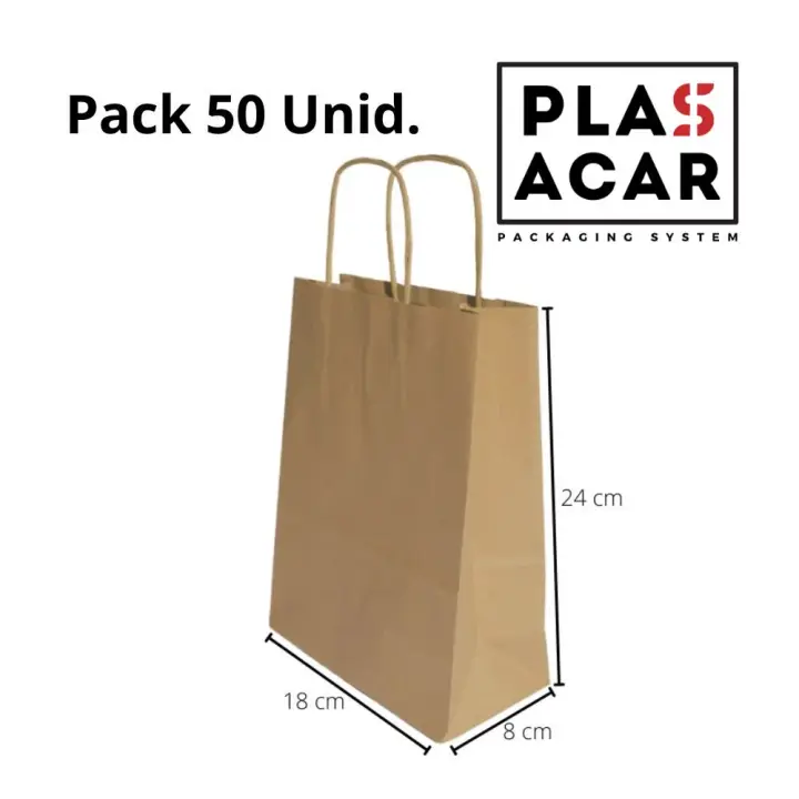 Plasacar S.L.-Bolsa Papel Kraft Asa Rizada 18+8x24 cm comercios ecommerce (Pack 50 Unid.) - 1