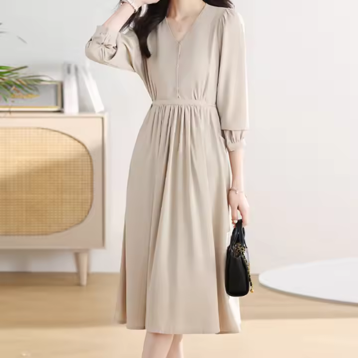 EVNISI Vestido Elegante Para Mujer En Caqui Con Cuello V Y Botones Slim Para Oficina Manga Larga A-line Casual Para Fiesta - 1