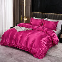 Set De Edredón Satinado 3PCS Colores Blanco Khaki Y Rosa Seda Suave Con Volantes Estilo Moderno Para Cama Conjunto De Ropa De Cama - details 11