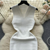 Vestido Bodycon Sin Mangas De Cuello V Blanca Para Mujer REALEFT Elegante Y Casual De Verano Con Ajuste Corporal Mini - details 13