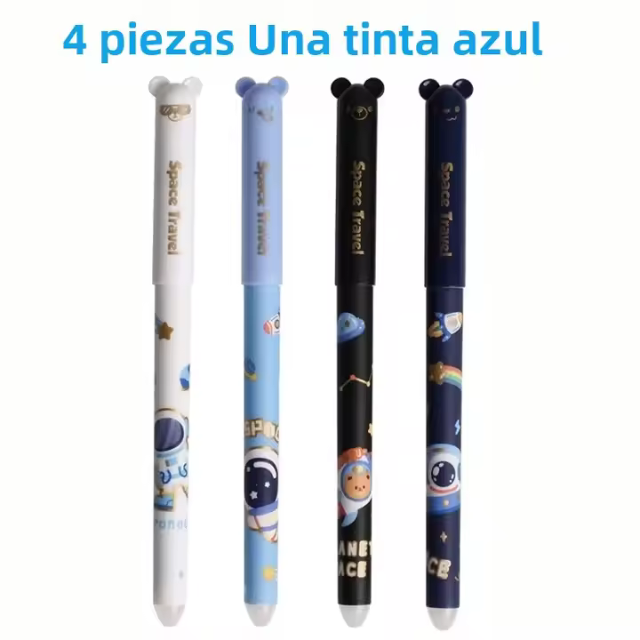 4Pcs Rotuladores De Gel 0.5mm Creativos Con Astronauta Y Animales Panda Tinta Erasable Azul/Negro Recargables Lavables Suministros De Oficina Y Escuela - 1