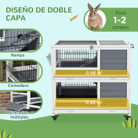 PawHut Conejera de Madera con Ruedas 90x53x97 cm Jaula para Conejos de 2 Niveles con Techo Abatible Bandeja Extraíble Comedero y Rampa Gris y Blanco - details 3