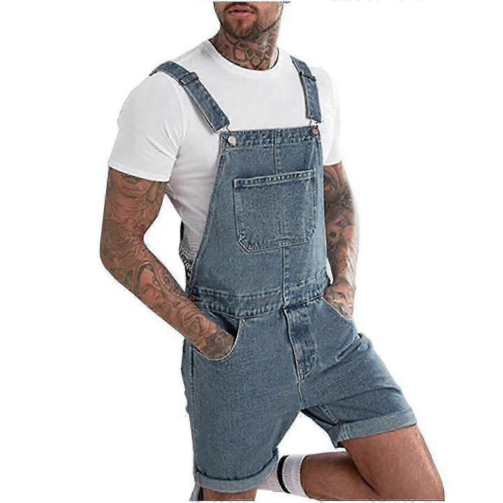 "Men's Solid Breast Pocket Ripped Denim Straight Shorts - Casual Overalls for European Fashion"