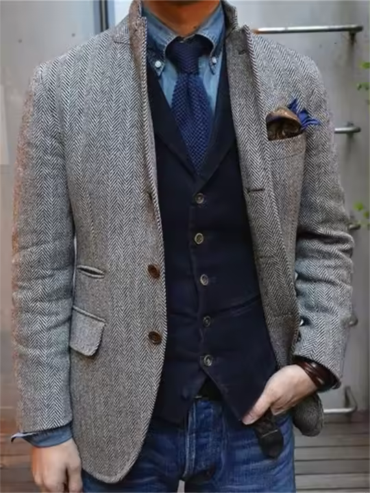 Chaleco De Lana Herringbone Para Hombre Corte Slim Casuál Chaqueta De Lujo Diseñadora Conjunto De Traje Un Piezas - 1