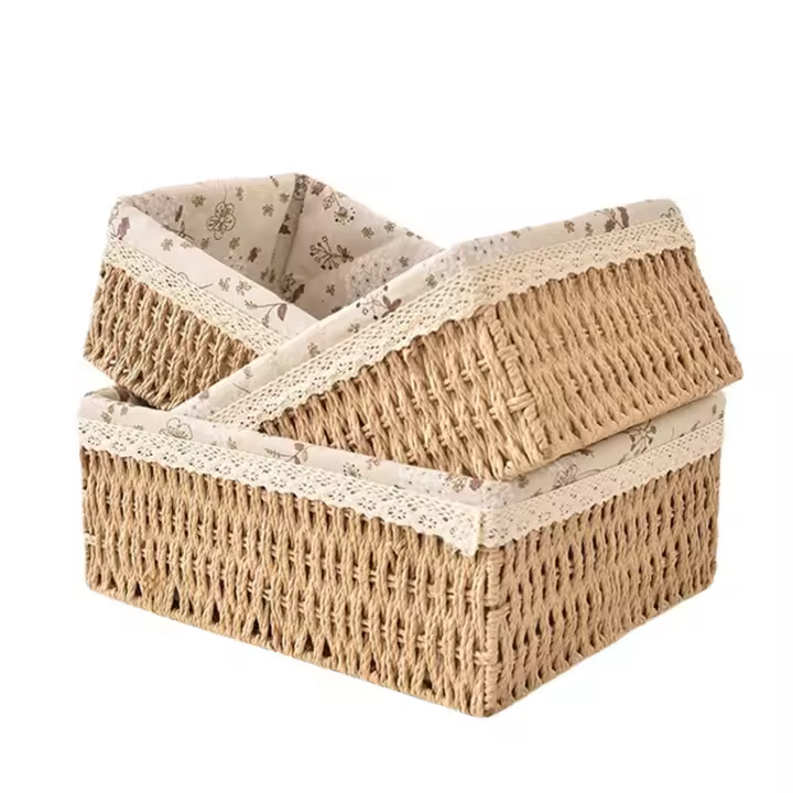 Juego De 3 Cestas De Almacenamiento Estilo Retro Rattan Con Encaje Y Plegables Para El Hogar Organizador De Espacio - 1