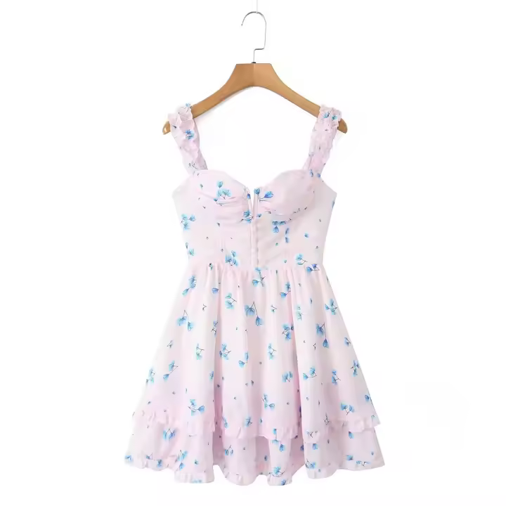 Summer Women Floral Print Sling Mini Dress Ear Fungus Edge Straps Hem Ruffle A-line Holiday Party Dresses Chiffon Robe - 1