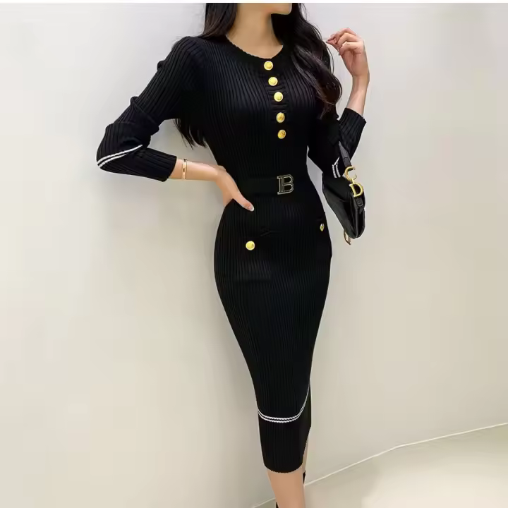 Vestido De Punto Para Mujer Estilo Office Lady Cuello En V Con Botones Y Cinturón Vestido Bodycon De Otoño E Invierno De Marca - 1