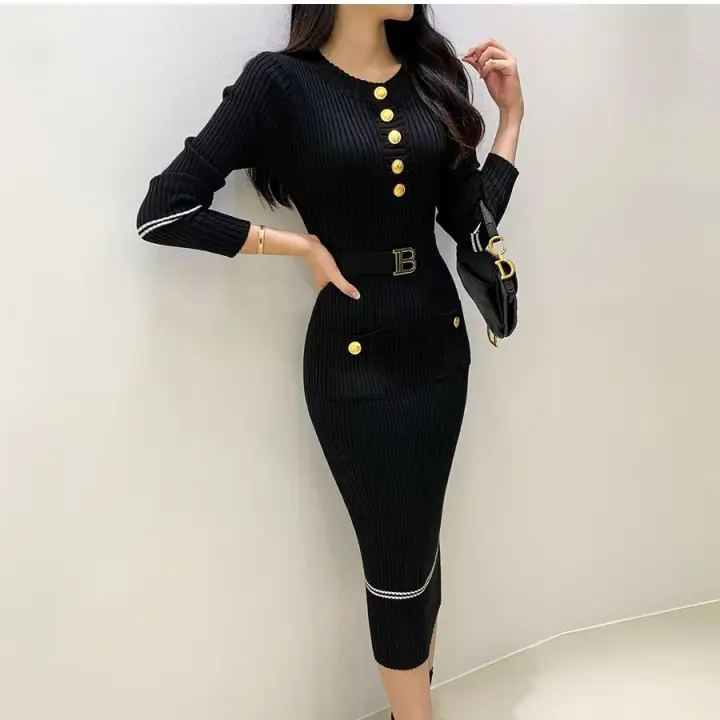 Vestido De Punto Para Mujer Estilo Office Lady Cuello En V Con Botones Y Cinturón Vestido Bodycon De Otoño E Invierno De Marca - 1