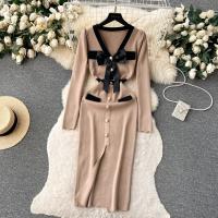 YuooMuoo Vestido Elegante Bodycon Para Mujer Con Cuello V Y Lazo Manga Larga Split Frontal Estilo Oficina Lady Chic Para Fiesta Y Trabajo - details 18
