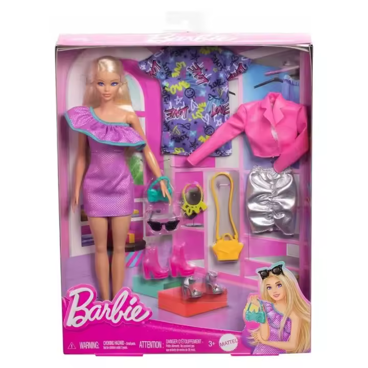 Muñeca Barbie con ropa y accesorios, cabello rubio y 3 conjuntos para combinar con temática de fiesta, incluyendo vestidos, bolsos y tacones. (Mattel HYT61) - 1