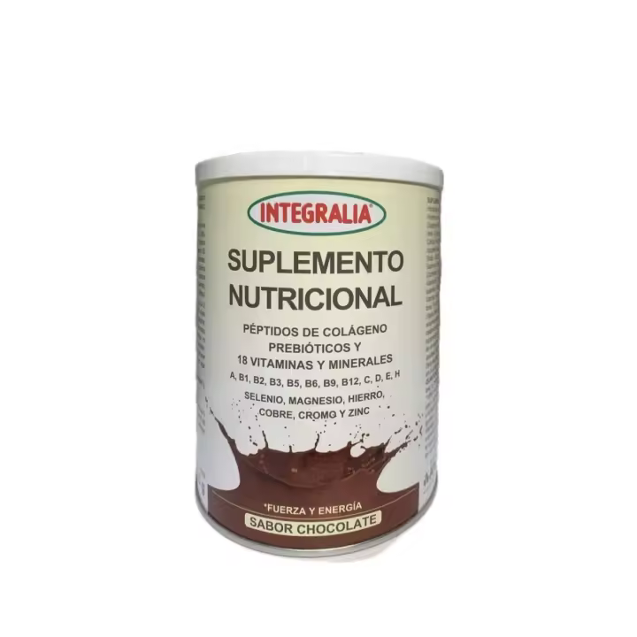 Suplemento nutricional chocolate 300 gr. Integralia. Constituye un aporte proteico, vitaminico, de colágeno y de minerales que ayuda al metabolismo energético y a un funcionamiento normal del sistema inmunitario. Péptidos de colágeno, vit. B, C, D, zinc. - 1