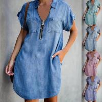 Vestido De Verano Para Mujer Estilo Casual Cuello En V Manga Corta Cierre De Cremallera Digital Imitación Denim Mini Falda Antebrazo - details 1
