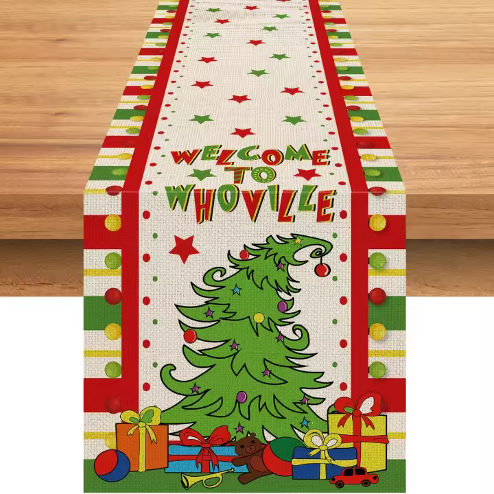Corredor De Mesa Navideño De 90 Pulgadas Whoville Welcome to Whoville Grin-ch Algodón Lino Estilo Invierno Navidad Temporal - 1