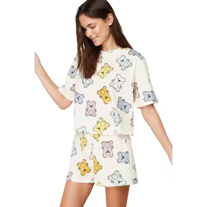 Trendyol Ecru 100% Cotton Teddy Bear Shorts Knitted Pajama Set Thmss24Pt00072 - 1