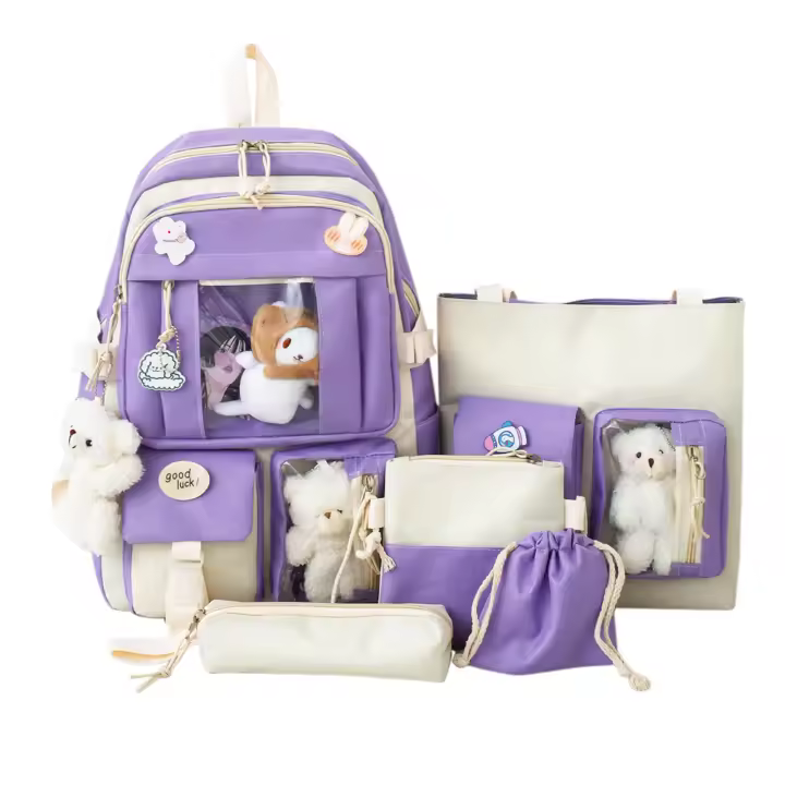 Conjunto de mopila de 5 UDS., mochipa Escolar Bonita para estudios, bolso de mensajero, bolso de hombro, bolso de hombro, bolso de mano, color Morado, tamaño libre - 1