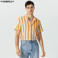 Blusa De Botones Para Hombre INCERUN Estilo Casual Verano Camisas De Punto Con Cuello Erguido Manga Corta Estampado Rayado Tallas Hasta 5XL - details 2