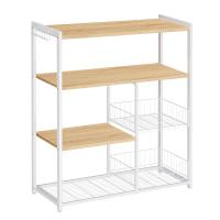 Estantería de cocina con cestas de malla y soporte para microondas, 80x35x95 cm, incluye estantes y ganchos, disponible en marrón rústico, nogal y greige - details 9