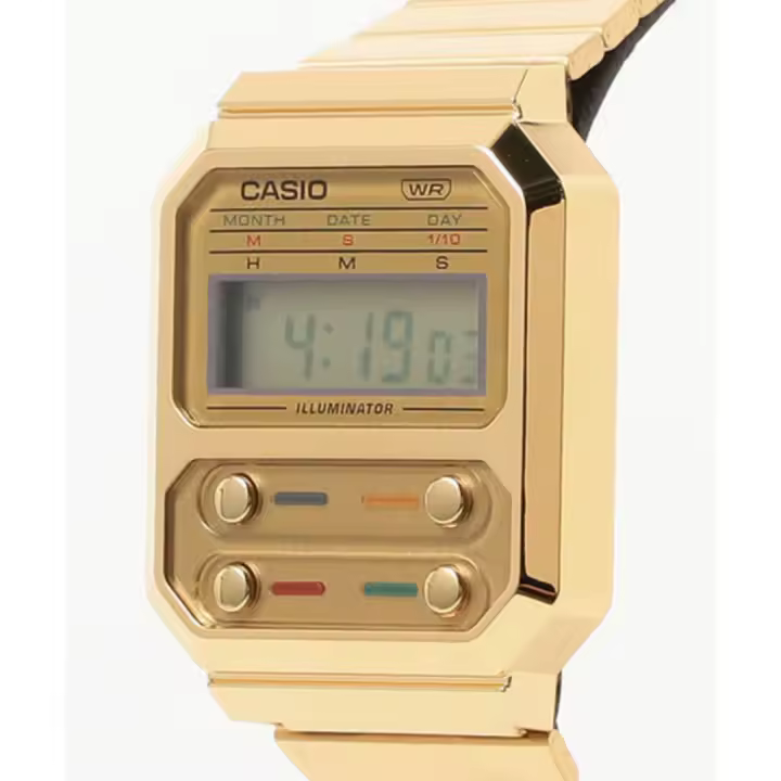 Reloj Casio Future A100WEG-9A Retro Alien Dorado con Cronómetro y Correa de Acero - 1