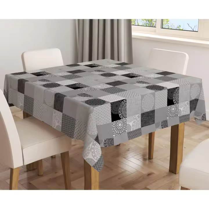 Mantel de hule tejido por metros - Cuadros Mandalas Gris Negro 42026-1    mantel por metros; manteles; mantel barato; mantel jardín - 1